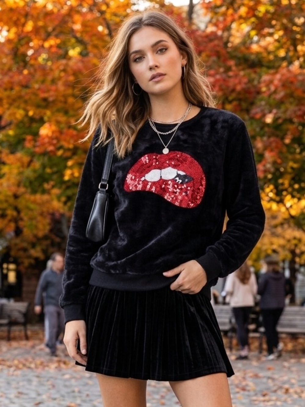 Women's Black Velvet Sequin Lip Sweatshirt - Casual Pullover